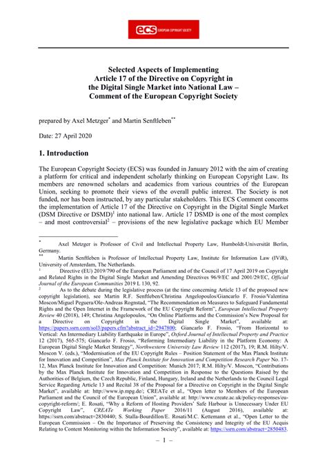 Selected Aspects of Implementing Article 17 of the Directive on .